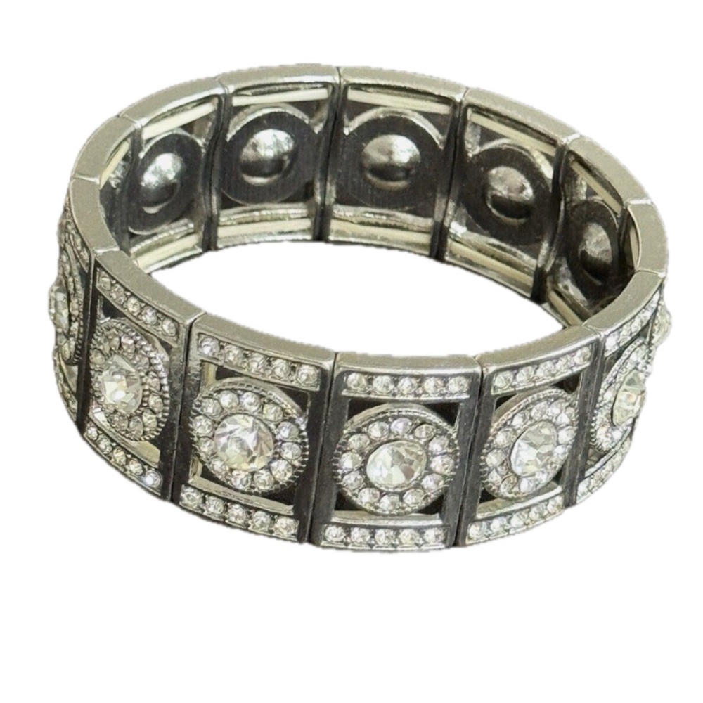 Rhinestone Round Silver Tone Medallions Square Panels Stretch Bracelet